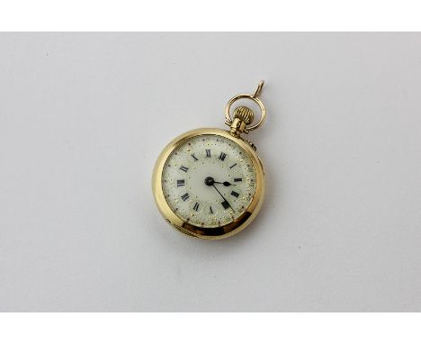 A lady's Swiss open face fob watch with 'jeweled' white enamel dial, in case