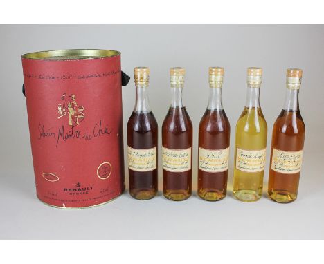 Five 20cl bottles of Renault Cognac, 'Selection Maitre de Chai', in presentation drum