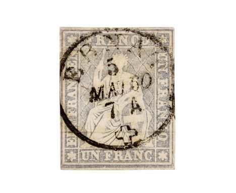 Schweiz - 1856, 1 Franken Strubeli, Berner Druck, Farbvariante hellviolettgrau, mit GELBEM Seidenfaden, Entwertung "EBNAT 5 M