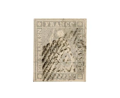 Schweiz - 1855, 1 Franken, Strubeli, Berner Druck, Farbvariante hellbläulichgrau, mit SCHWARZEM Seidenfaden, diverse Mängel, 
