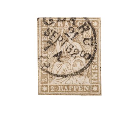 Schweiz - 1862, 2 Rappen grau, sitzende Helvetia, Entwertung durch EK "GLARUS / 21 SEPT 62 / 7 A), knapper Schnitt / angeschn