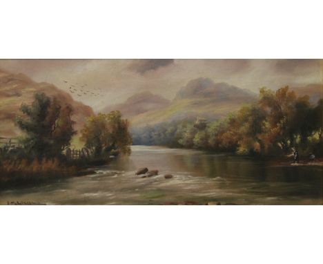 J M ALLANDALE, Fly Fishing on a River, oil on board, framed. 61 x 28 cm.