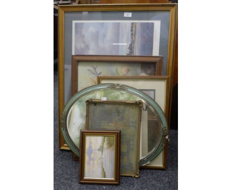 A vintage mirror and a quantity of various pictures.
