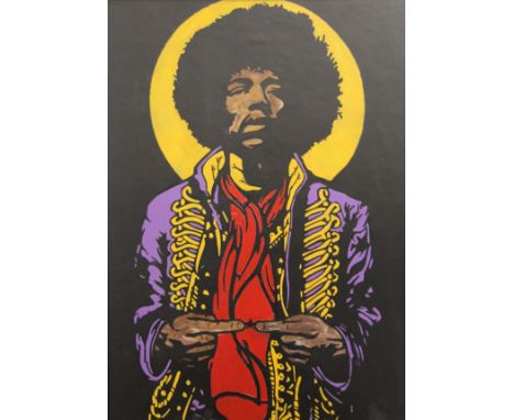 Jimi Hendrix, oil on board, framed. 48.5 x 68.5 cm.