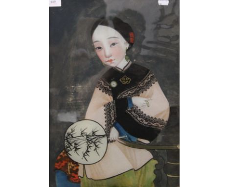 A Chinese reverse painted glass portrait of a lady, framed. 33.5 x 48.5 cm. 