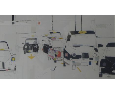LIZ AND KATE POPE, London taxis, print, framed and glazed. 91.5 x 51.5 cm.