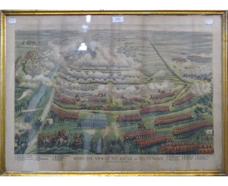 A Victorian print, birds eye view of the battle of Tel-El-Kebir, framed and glazed. 79.5 x 59 cm overall.