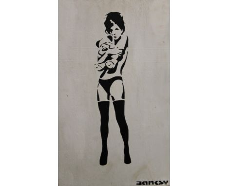 After BANKSY, Sexy Girl Hugging Teddy Bear, painting on wooden panel. 40 x 66 cm. 