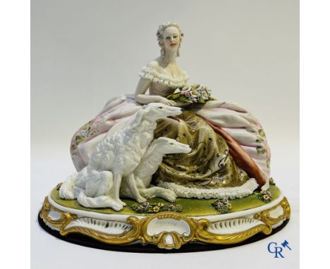 Porcelain: Capodimonte: Luciano Cazzalo. Exceptional group in Italian porcelain with lace. lace porcelain. Lady with 2 Barzoi