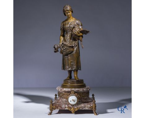 Alfred Barye (1839-1882) Fireplace clock in marble and bronze. The Chicken Shepherdess. Signed. 19th century. | 103 x 44 x 44