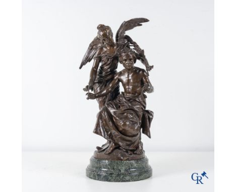 Henri Plé (1853-1922) Allégory of the Arts, a bronze statue with brown patina on a green veined marble pedestal. Foundry stam