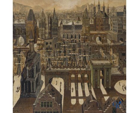 Victor Lefebvre (1912-1998) View with different architectural elements, architectural styles and boat masts. Oil on panel. Si