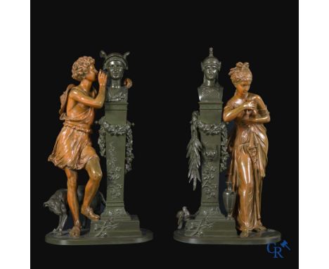 Eugène Laurent (1832-1898) A pair of bronze statues with green and brown patina, foundry stamp A.B. Paris. | 41 x 22 x 12.5 c