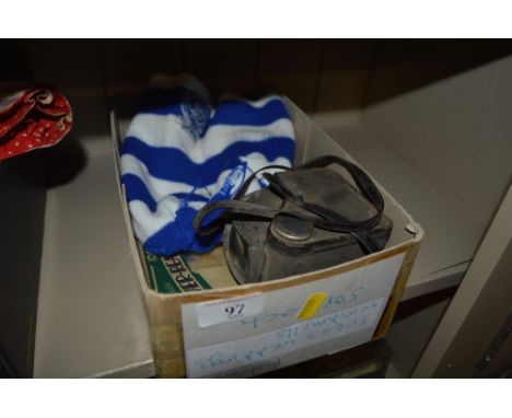 A box of various sundry items to include a table lighter, camera, glass slides etc.