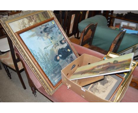 A large gilt framed oleograph depicting a country house; together with a box of various pictures and prints