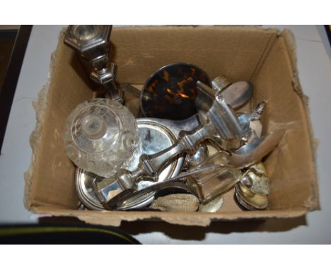 A box of mixed silver and plated ware to include a pair of candlesticks, dressing table items, mustard pots, cutlery etc. 