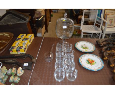 An etched glass pedestal punch bowl, with a set of ten matching cups and a ladle