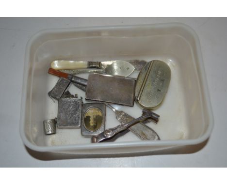 A 19th Century plated snuff box named to John Holden dated 1879; together with a white metal cased lighter; and various cutle