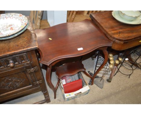 A painted two tier wall shelf; and a mahogany table 