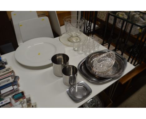 An etched glass pedestal bowl with a set of matching cups and tray; together with various stainless steel items; a silver pla
