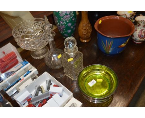 A glass pedestal bowl; two decanters and a silver plated bowl with green glass liner