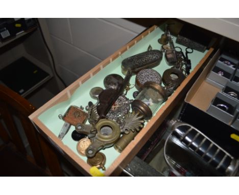 A wooden tray of various sundries to include a silver cased Hunter pocket watch, and Eastern beaker, two oil lamps, a 19th Ce