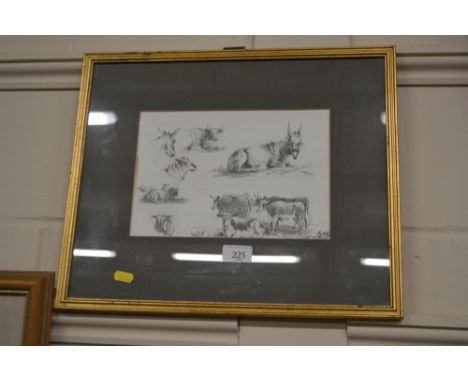 A gilt framed pencil sketch of cattle 