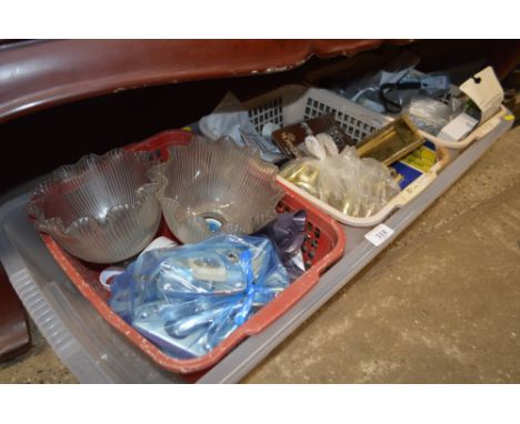 A tray of door furniture, light fittings, household items; and a box of videos 