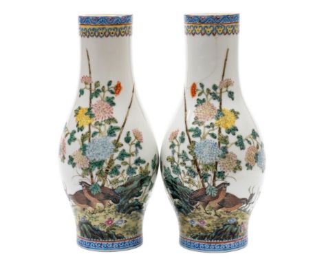 A pair of Chinese famille rose slender baluster vases: of eggshell porcelain type, each enamelled with quail amongst chrysant