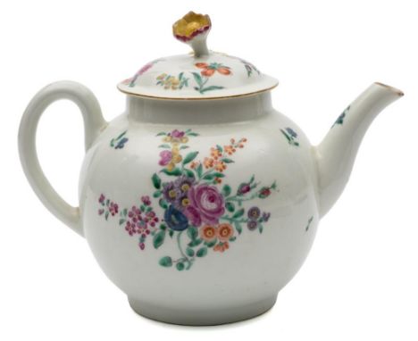 A First Period Worcester teapot and cover: of globular form with flower and stem finial, painted with floral bouquets and spr