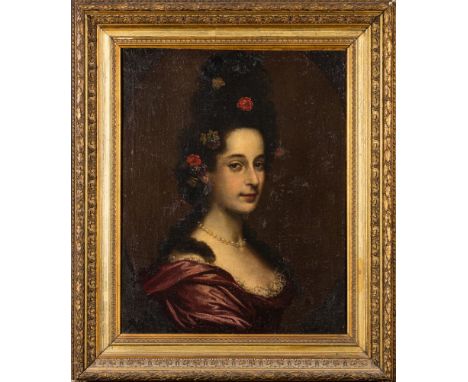 European School 18th Century-A Spanish Lady,:- bust-length portrait,oil on canvas, 59 x 46cm.