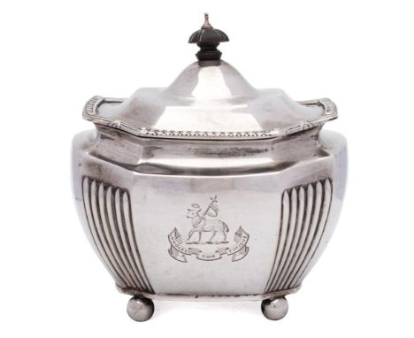 A Victorian silver tea caddy, maker Goldsmiths &amp; Silversmiths Co, London, 1893: bear crest and motto of the Rowe family, 