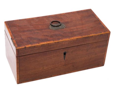 A Georgian mahogany and crossbanded three-division tea caddy: of rectangular outline, the flat hinged lid with conch shell in