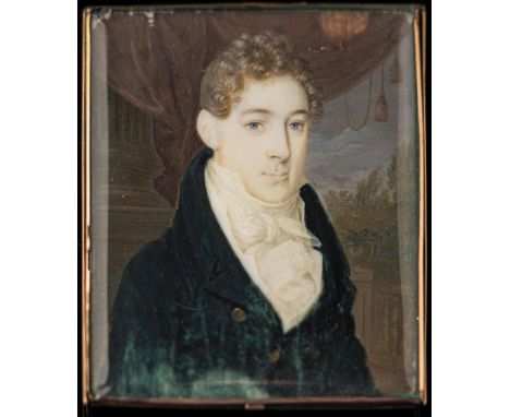 Attributed to American School early 19th Century-A miniature portrait of a gentleman,:- head and shoulders, with short brown 