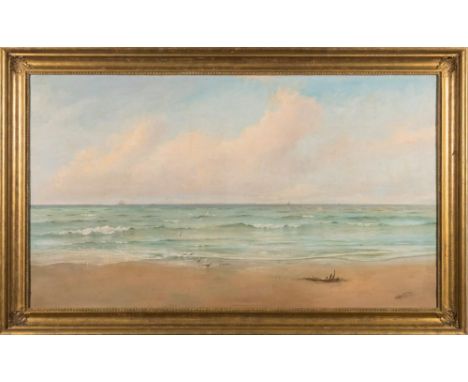 Herbert Hughes Stanton [1870-1937]-Seascape; beach and gulls in the foreground, sailing craft in the distance,:-signedoil on 