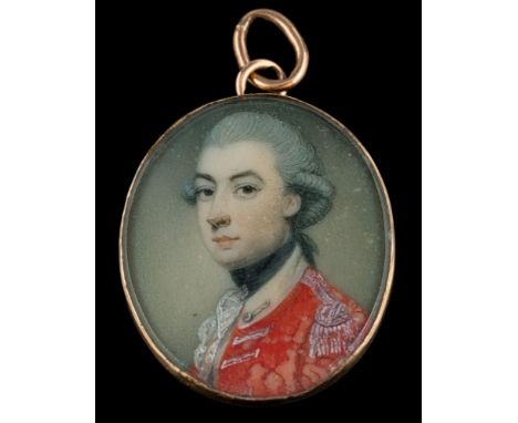 English School late 18th Century-A miniature portrait of a young officer,:- head and shoulders, wearing a  powdered wig and r