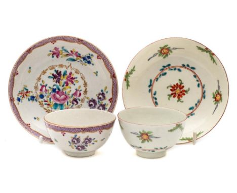 A First Period Worcester teabowl and saucer and one other: the first painted in famille rose style with a floral bouquet and 