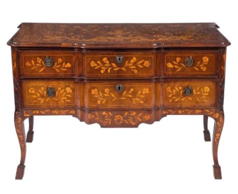 An early 19th Century Dutch mahogany and floral marquetry block front commode:, bordered with sycamore lines, the top with a 