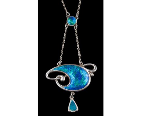 Charles Horner. An Art & Crafts silver and enamel pendant necklace: the stylised pendant enamelled in blue and green tones ab