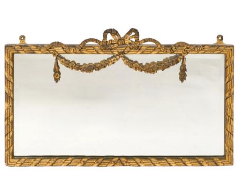 A giltwood and gesso rectangular mirror:, with ribbon tied cresting and swags of flowers and foliage, the bevelled plate with