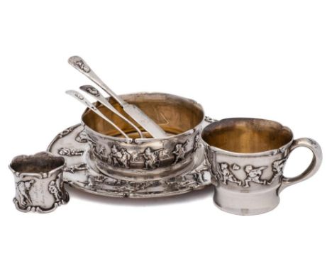 An American sterling silver 'Old King Cole' pattern nursery dinner set, stamped Sterling: inscribed, includes, bowl, plate, m