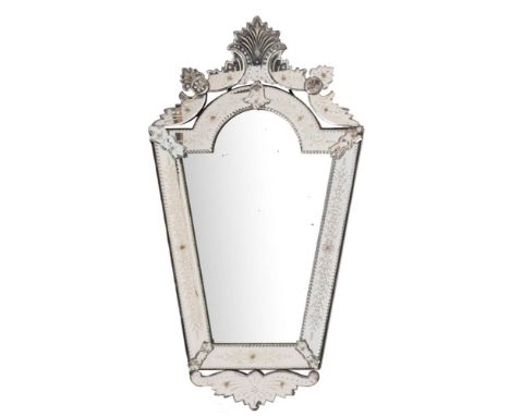 A Venetian etched marginal wall mirror:, of tapered form with foliate cresting, the domed bevelled plate within a wide surrou