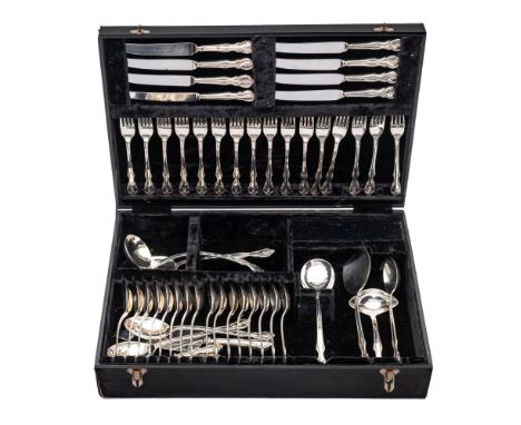 An Indian silver flatware service, stamped silver: includes sixteen forks, eight dessert spoons, eight soup spoons, three tab