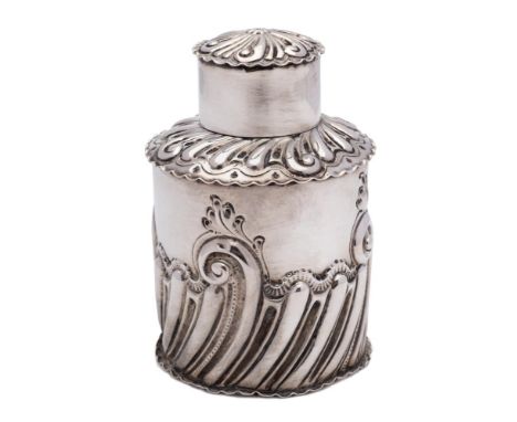 A Victorian silver tea caddy, maker Deakin &amp; Francis Ltd, Birmingham, 1893: of cylindrical outline , with shallow domed p