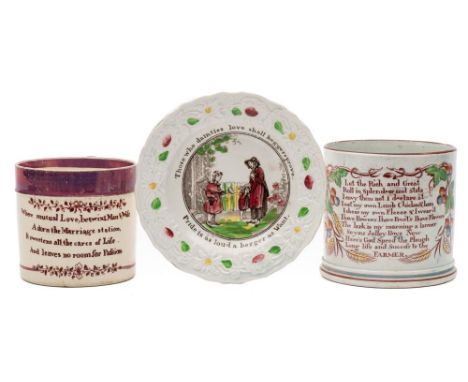 A group of three 19th century creamware and pearlware mugs and a nursery plate: including a Sunderland example with ship port