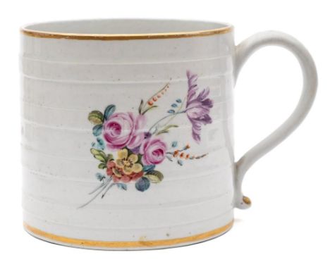 A Derby porter mug: of ribbed cylindrical form, painted with a floral bouquet and two sprigs within gilt line borders, blue e