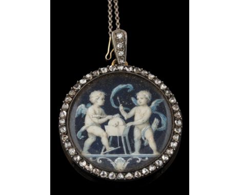 A 19th century circular portrait miniature pendant depicting cupids,: within a rose diamond surround and diamond-set bale, on