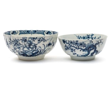 A First Period Worcester blue and white bowl and one similar: the first painted in the 'Prunus Root' pattern, workman's mark,