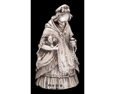 A George V  silver novelty call bell, maker Elkington and Co,  Birmingham, 1913: in the form of an old woman in Victorian clo