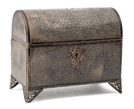 A mid 19th Century French silver and shagreen domed trinket box: inscribed, of rectangular outline, the domed lid enclosing a